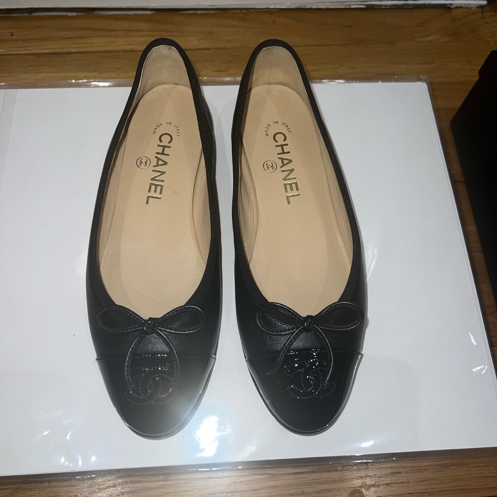Chanel Black Patent Toe Leather Ballet Flats. New w/Box & Dust Bags!